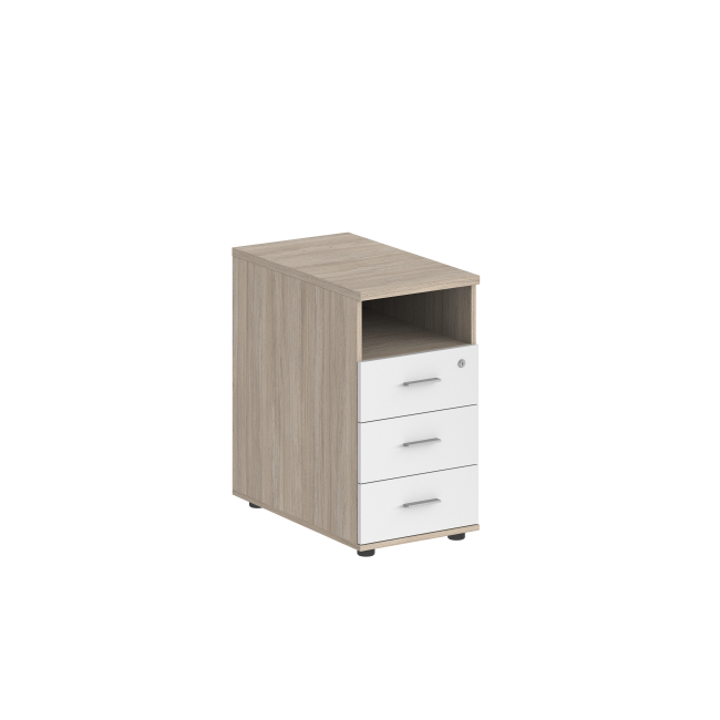 SG.513.OL.WH.M / Тумба приставная 400х800х725 с 3 ящ.(метаб) и нишей, с замком без топа / корпус: дуб светлый; фасады: белый