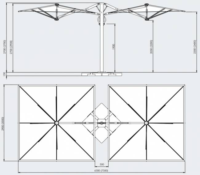 Зонт профессиональный двухкупольный 3.5х7.5 м Galaxia Dual T Timber имитация ироко, серебристо-серый 3500х7500 мм