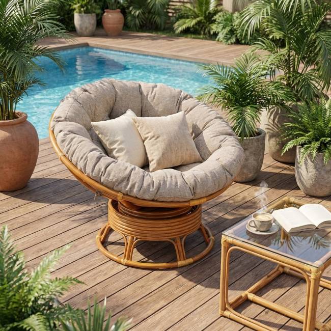 Кресло-качалка Папасан/Papasan (W 23/01 B) /с подушкой/ 115х78х104см, пекан орех, подушка рогожка, меланж Pecan (орех)